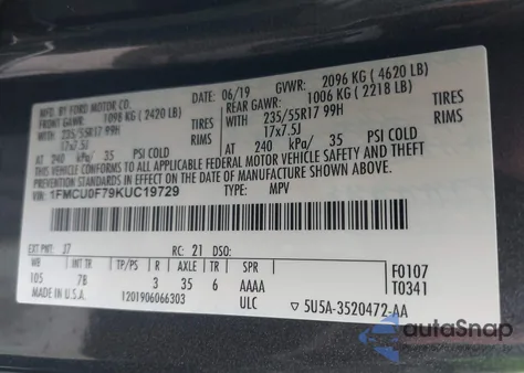 2019 Ford Escape S из США, поврежденный, VIN 1FMCU0F79KUC19729